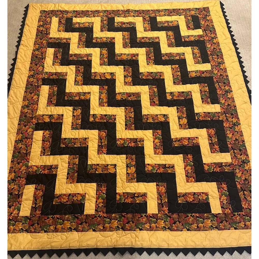 Handmade Autumn Leaf Patchwork Quilt Zig Zag Geometric Gold Black